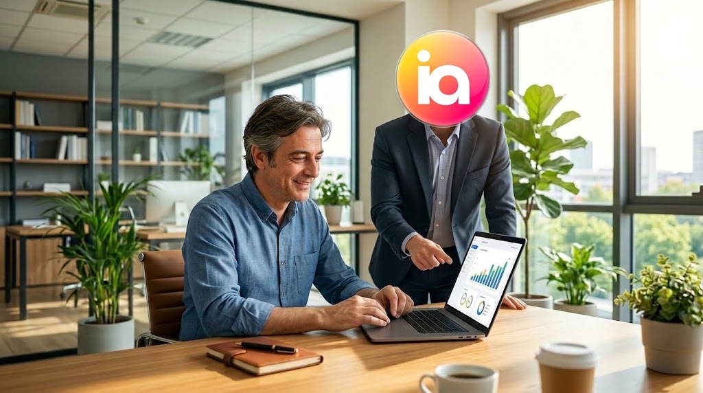 Imprenditore affiancato da un consulente mentre lavora con strumenti di intelligenza artificiale